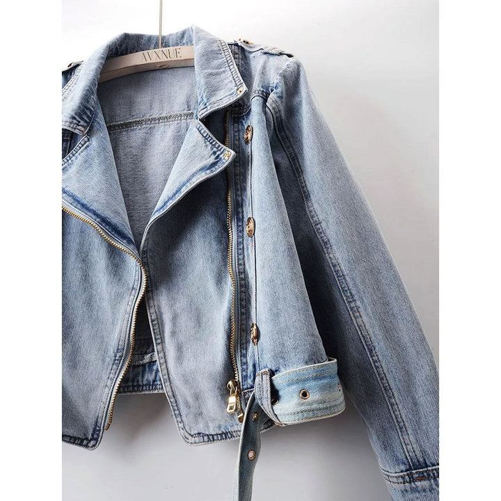 Clara Duval Belted Cropped Denim Jacket