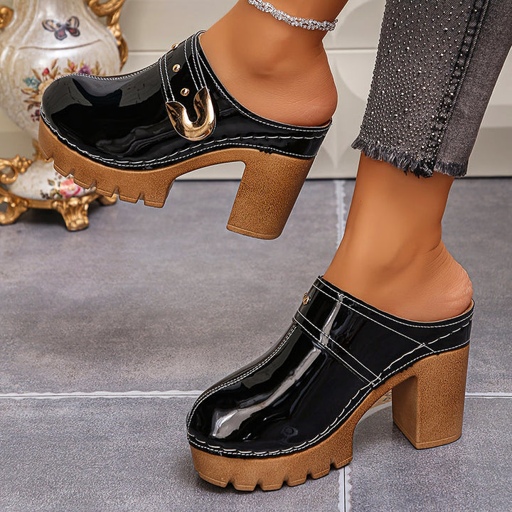Clara Duval Block Heel Glossy Mules