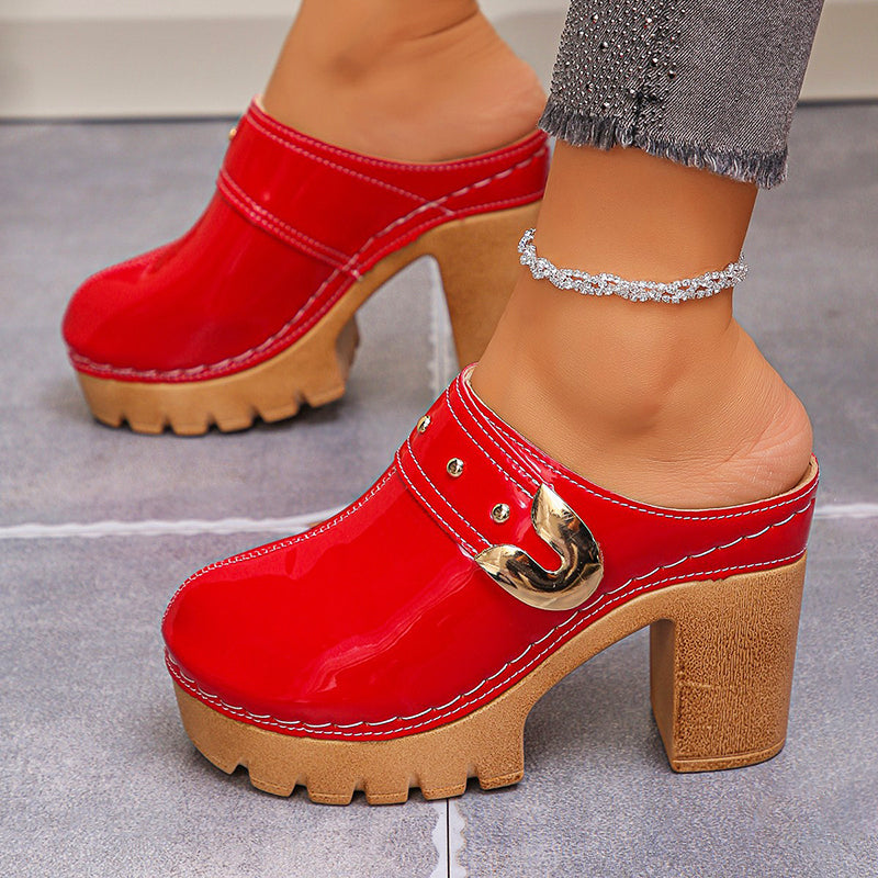 Clara Duval Block Heel Glossy Mules