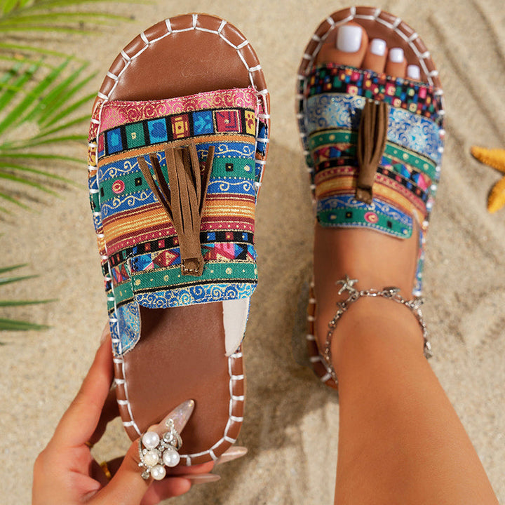 Clara Duval Boho Slide Sandals with Tassels