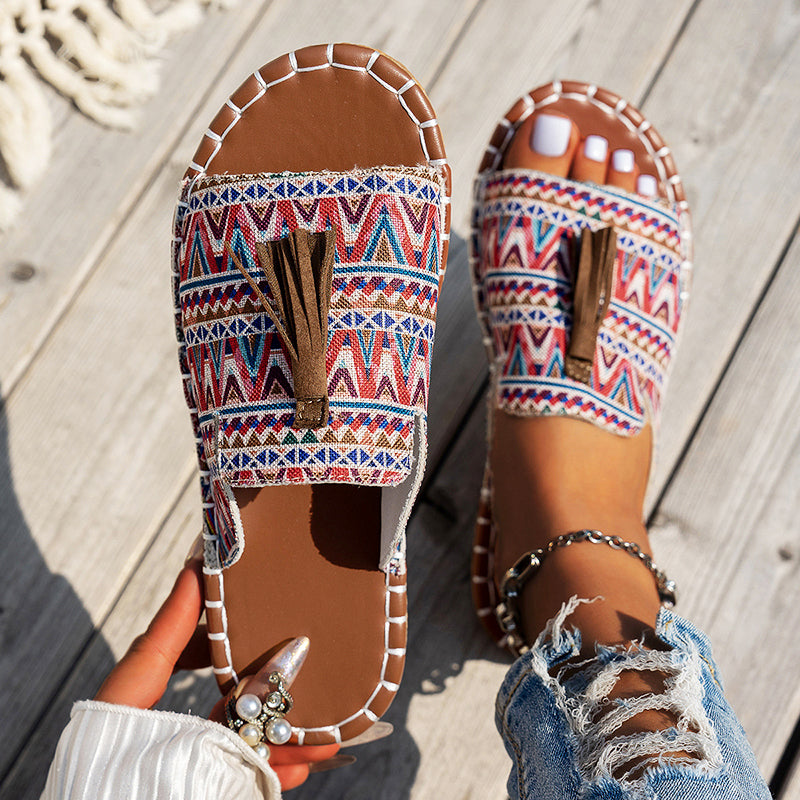 Clara Duval Boho Slide Sandals with Tassels