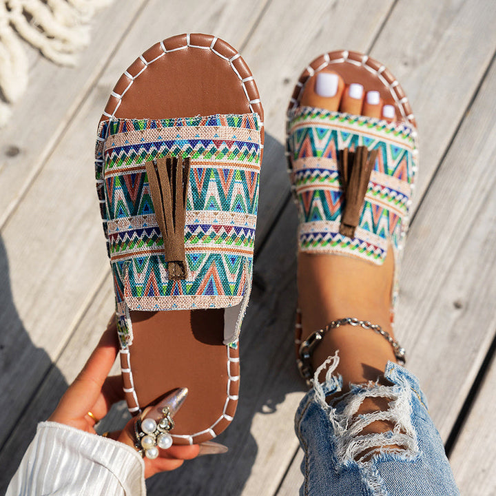 Clara Duval Boho Slide Sandals with Tassels