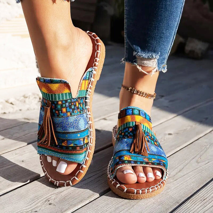 Clara Duval Boho Slide Sandals with Tassels