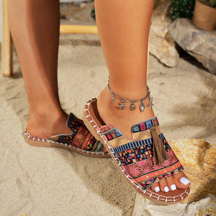 Clara Duval Boho Slide Sandals with Tassels