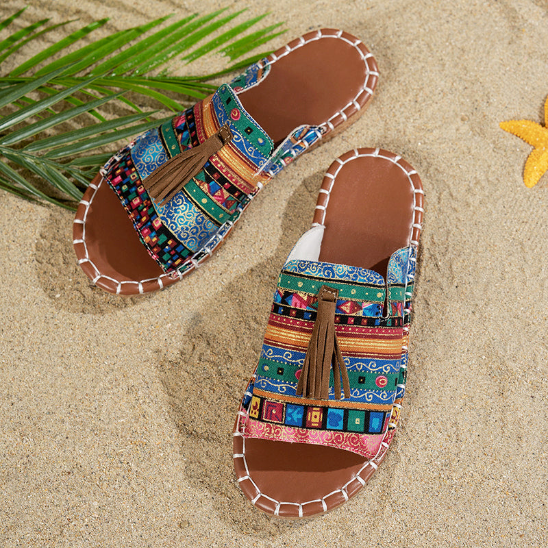 Clara Duval Boho Slide Sandals with Tassels