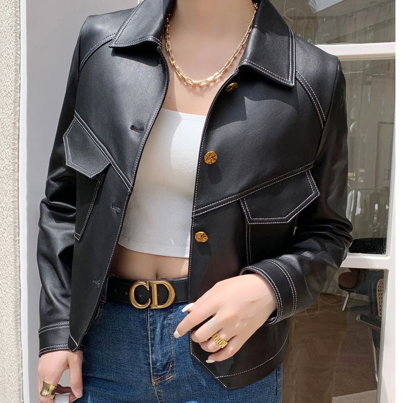 Clara Duval Button-Front Leather Jacket