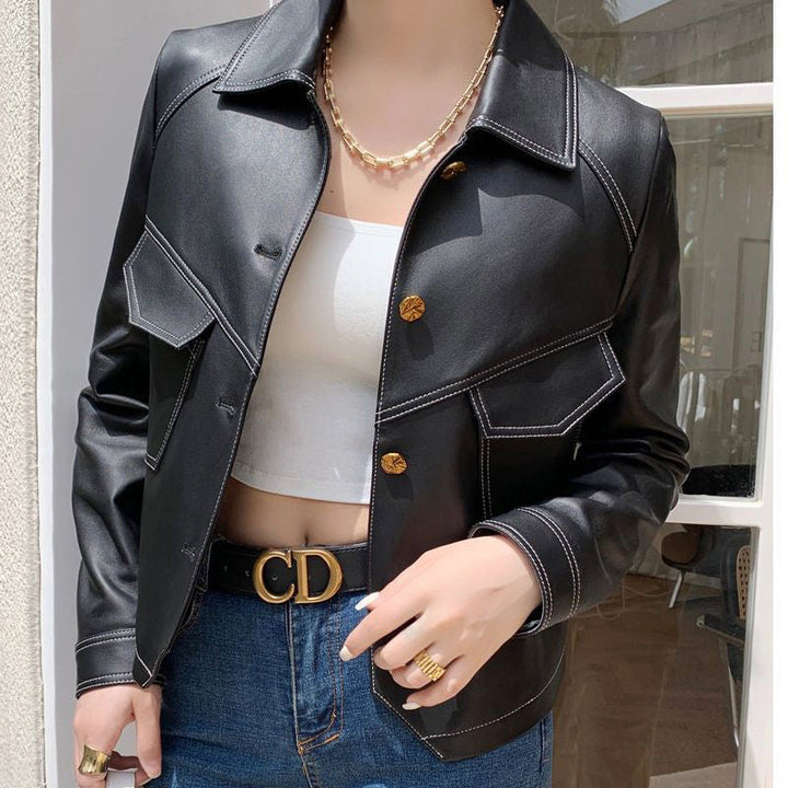 Clara Duval Button-Front Leather Jacket