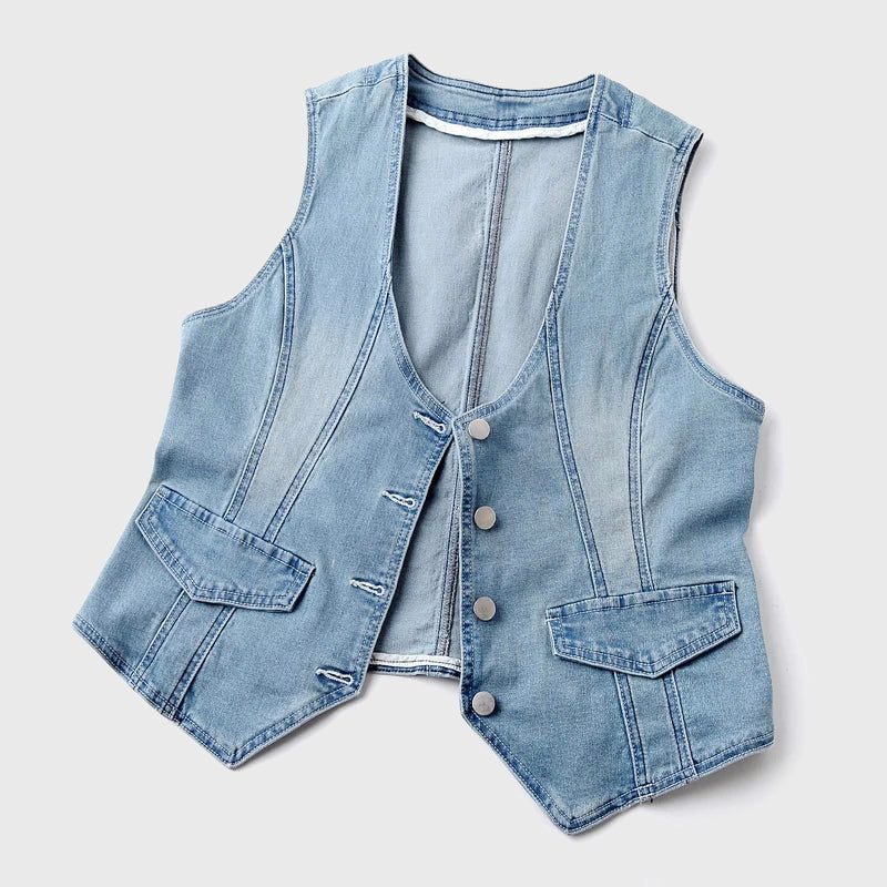 Clara Duval Cropped Denim Button Vest