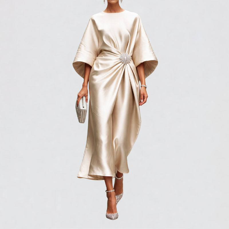 Clara Duval Draped Midi Dress with Wide Sleeves