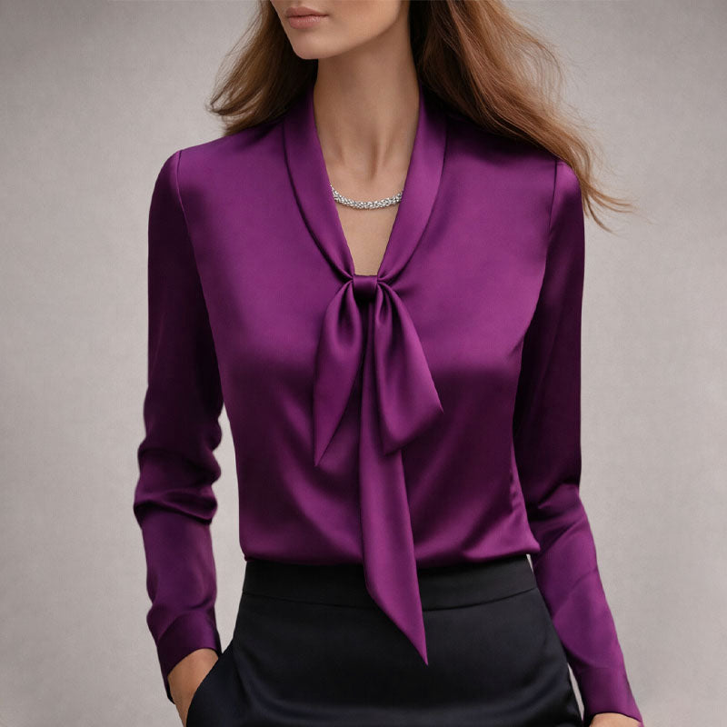 Clara Duval Elegant Bow Tie Neck Blouse