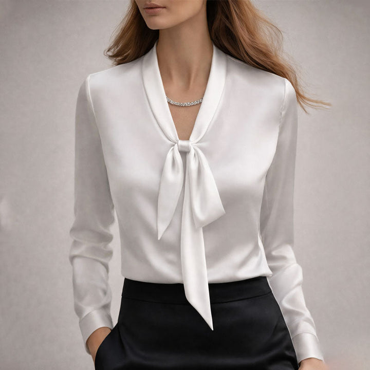 Clara Duval Elegant Bow Tie Neck Blouse