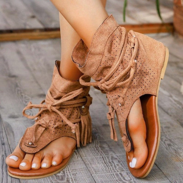 Clara Duval Flat Sandals with Decorative Fringe