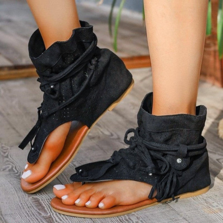 Clara Duval Flat Sandals with Decorative Fringe