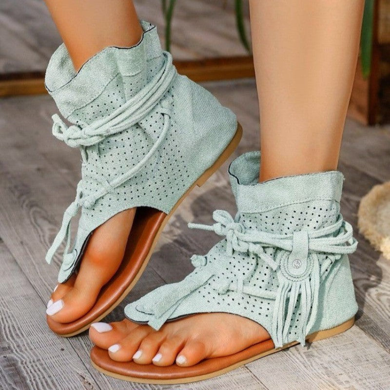 Clara Duval Flat Sandals with Decorative Fringe