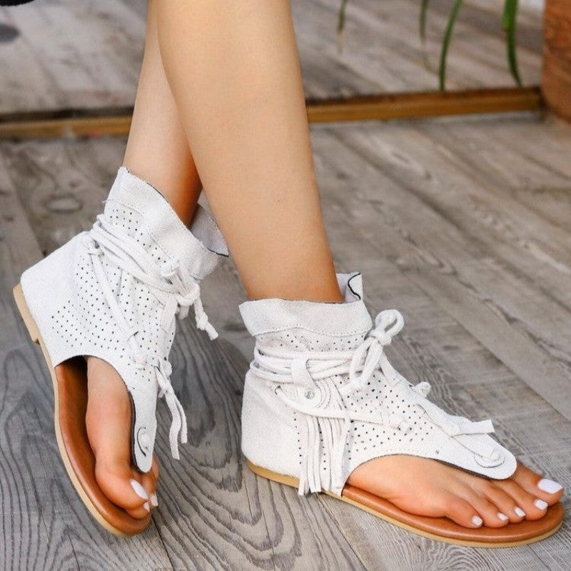 Clara Duval Flat Sandals with Decorative Fringe
