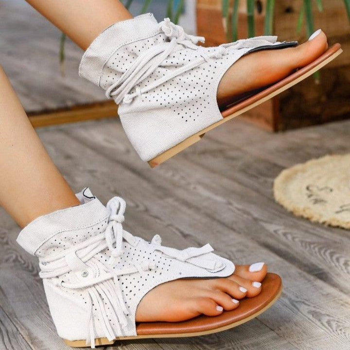Clara Duval Flat Sandals with Decorative Fringe