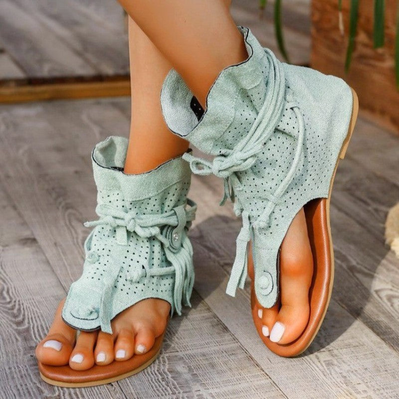 Clara Duval Flat Sandals with Decorative Fringe