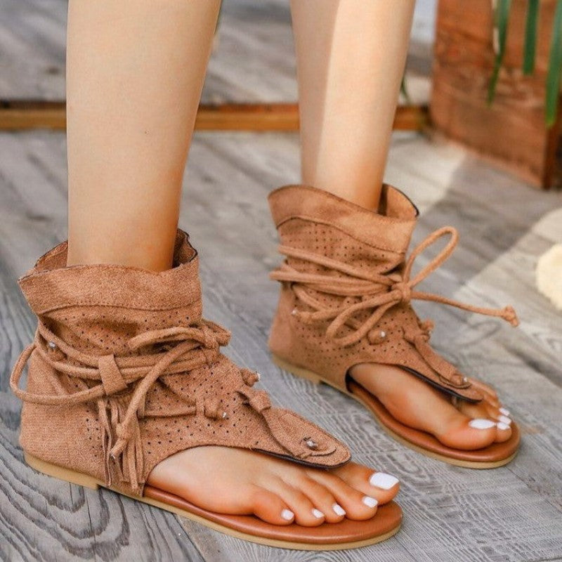 Clara Duval Flat Sandals with Decorative Fringe