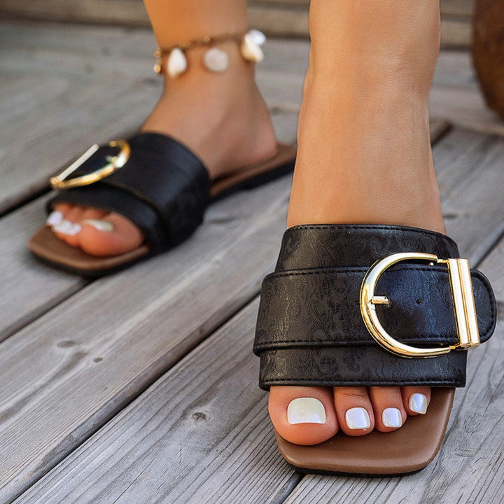 Clara Duval Flat Slide Sandals with Buckle Strap