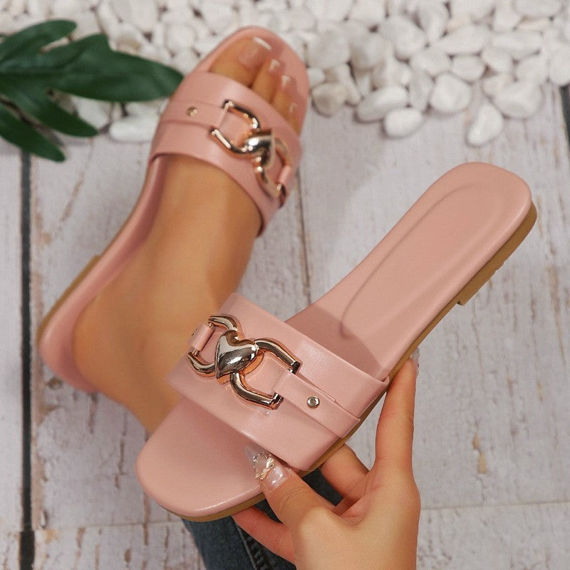 Clara Duval Flat Slide Sandals with Heart Detail