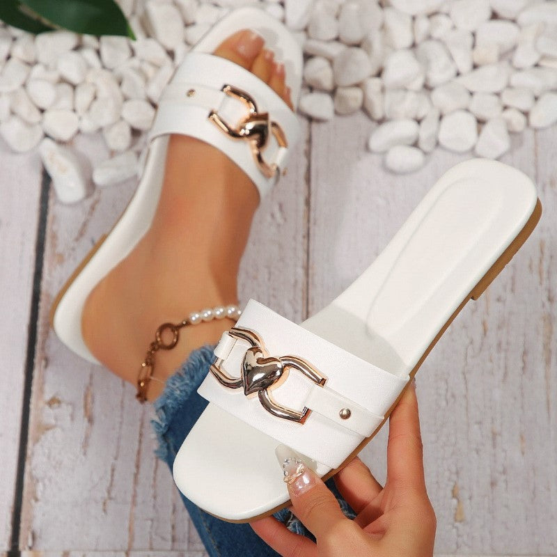 Clara Duval Flat Slide Sandals with Heart Detail