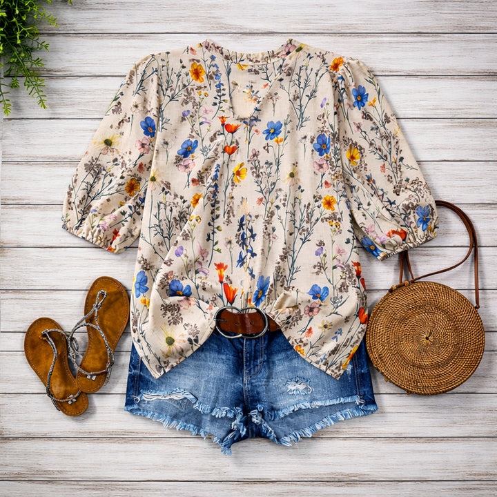 Clara Duval Floral Bubble Sleeve Blouse