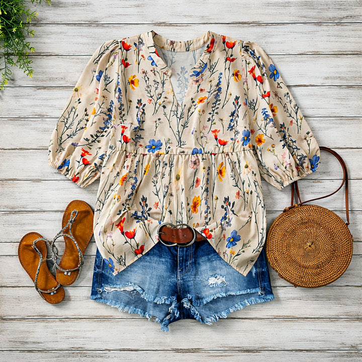 Clara Duval Floral Bubble Sleeve Blouse