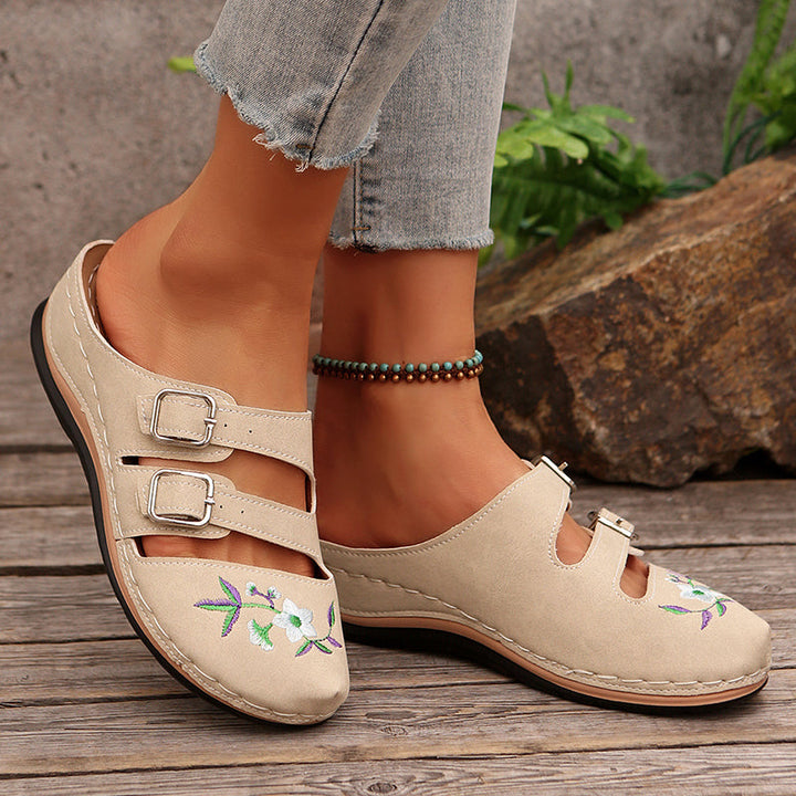Clara Duval Floral Buckle Slip-On Shoes