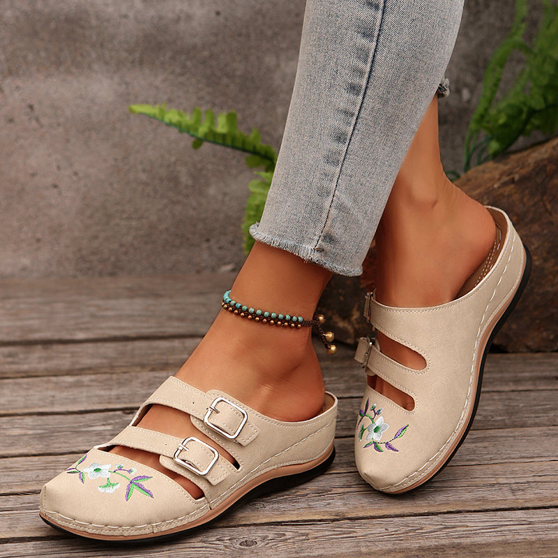 Clara Duval Floral Buckle Slip-On Shoes