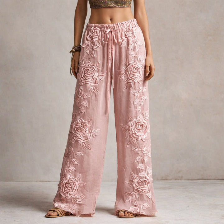 Clara Duval Floral Embroidered Wide-Leg Pants