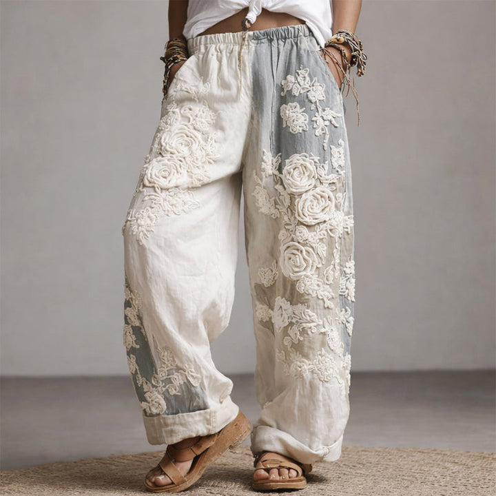 Clara Duval Floral Embroidered Wide-Leg Pants