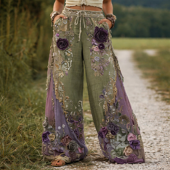 Clara Duval Floral Embroidered Wide-Leg Pants