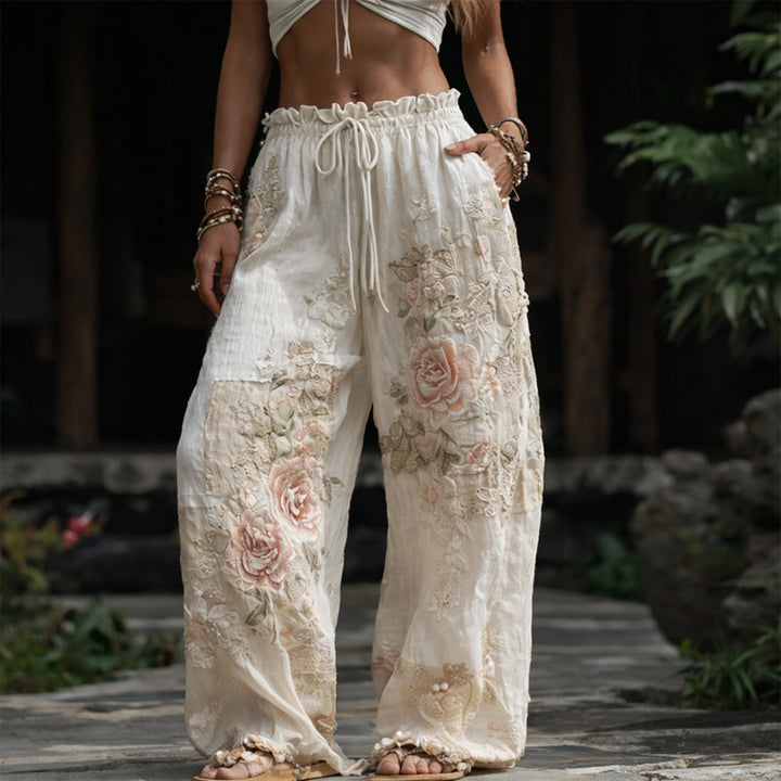 Clara Duval Floral Embroidered Wide-Leg Pants