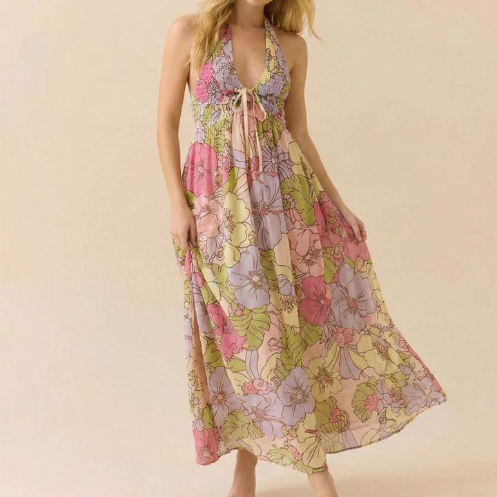 Clara Duval Floral Halter Maxi Dress with Tie Front