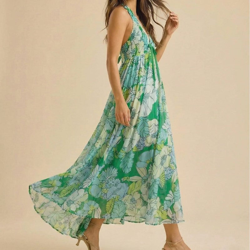 Clara Duval Floral Halter Maxi Dress with Tie Front