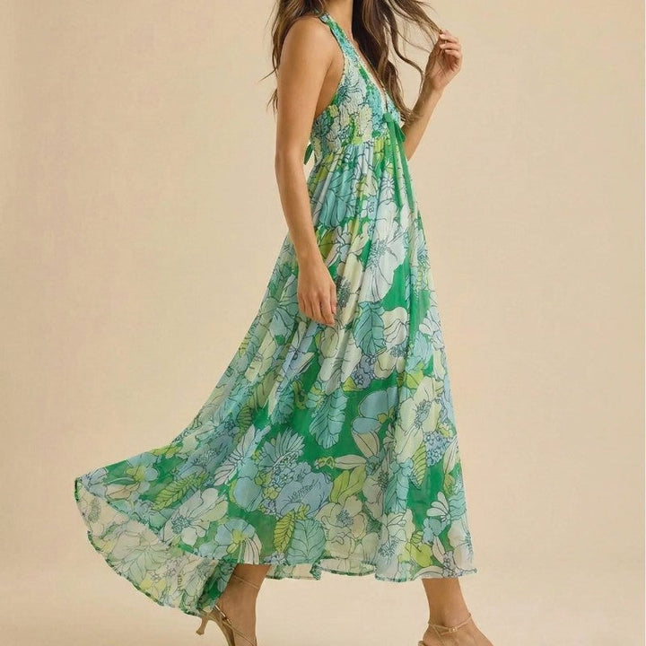 Clara Duval Floral Halter Maxi Dress with Tie Front