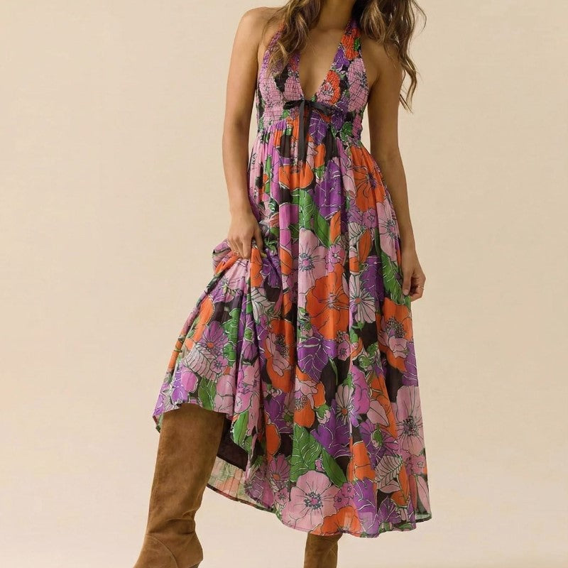 Clara Duval Floral Halter Maxi Dress with Tie Front