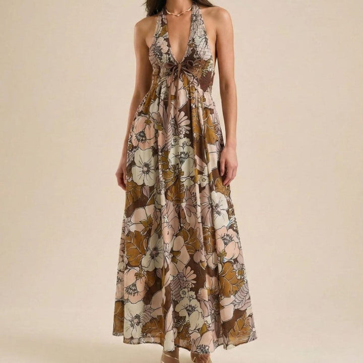 Clara Duval Floral Halter Maxi Dress with Tie Front