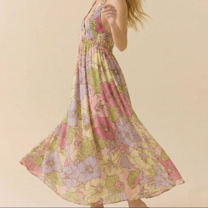 Clara Duval Floral Halter Maxi Dress with Tie Front