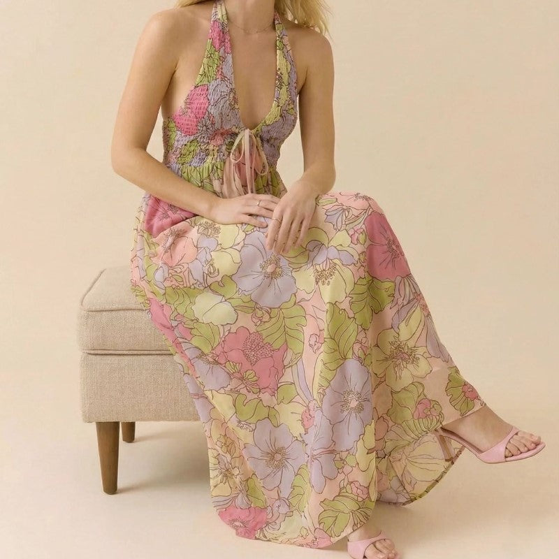 Clara Duval Floral Halter Maxi Dress with Tie Front