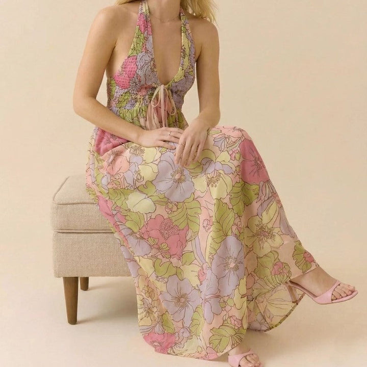 Clara Duval Floral Halter Maxi Dress with Tie Front