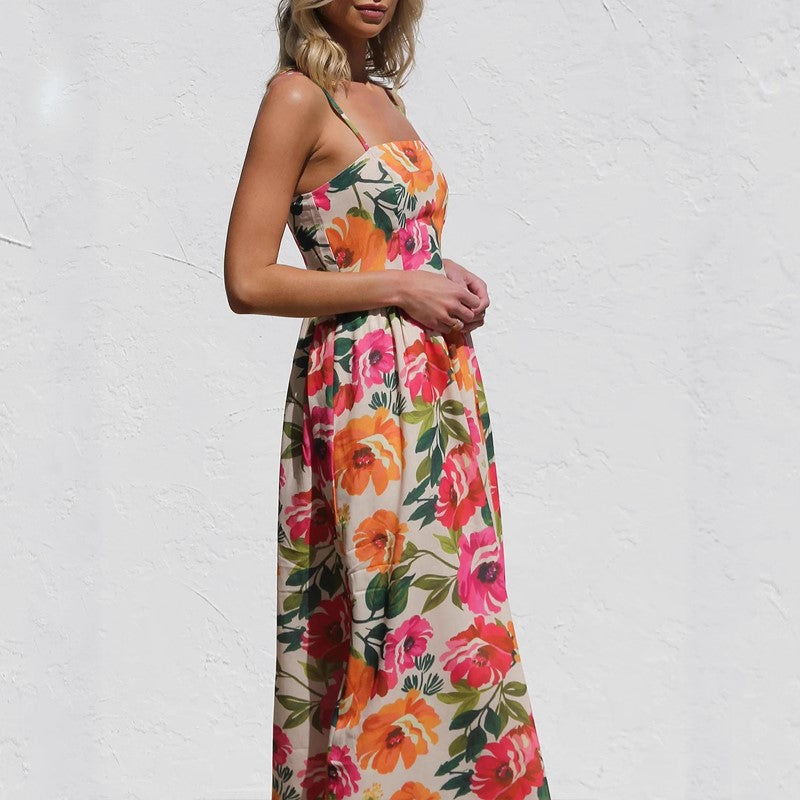Clara Duval Floral Maxi Dress with Gathered Waist