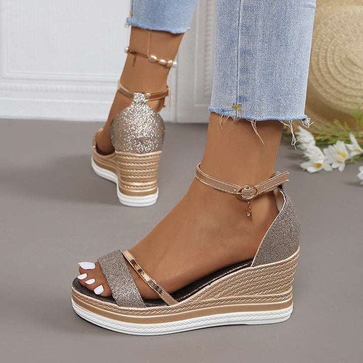 Clara Duval Glitter Strap Wedge Sandals