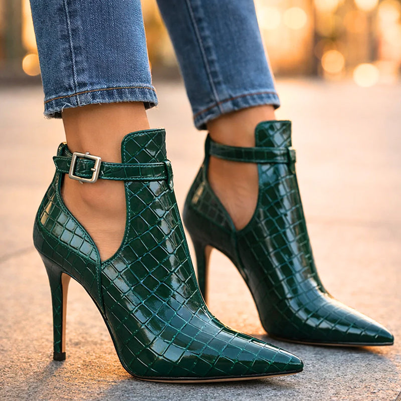Clara Duval Glossy Croc-Texture Stiletto Heels
