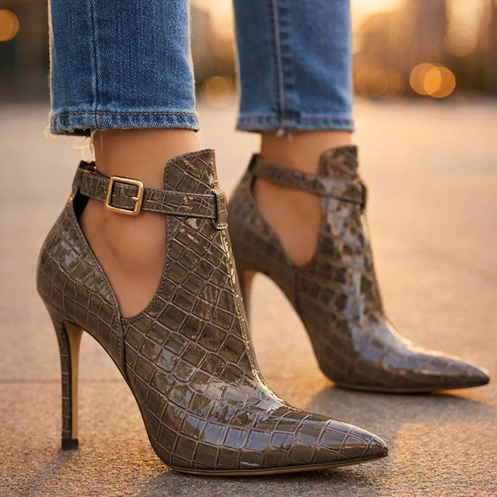 Clara Duval Glossy Croc-Texture Stiletto Heels