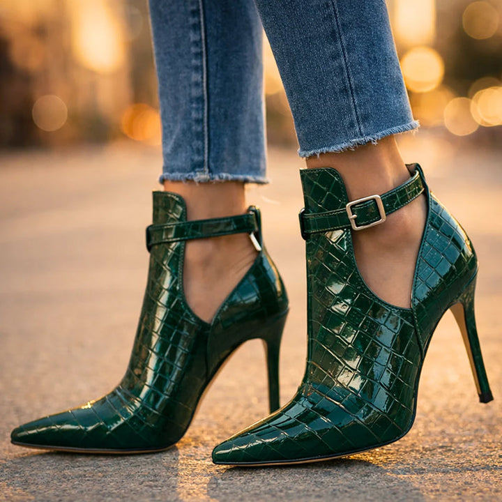 Clara Duval Glossy Croc-Texture Stiletto Heels