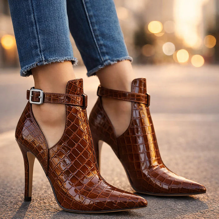Clara Duval Glossy Croc-Texture Stiletto Heels