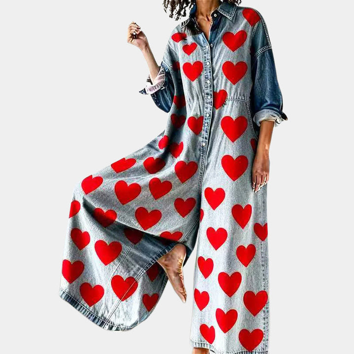 Clara Duval Heart Print Denim Jumpsuit