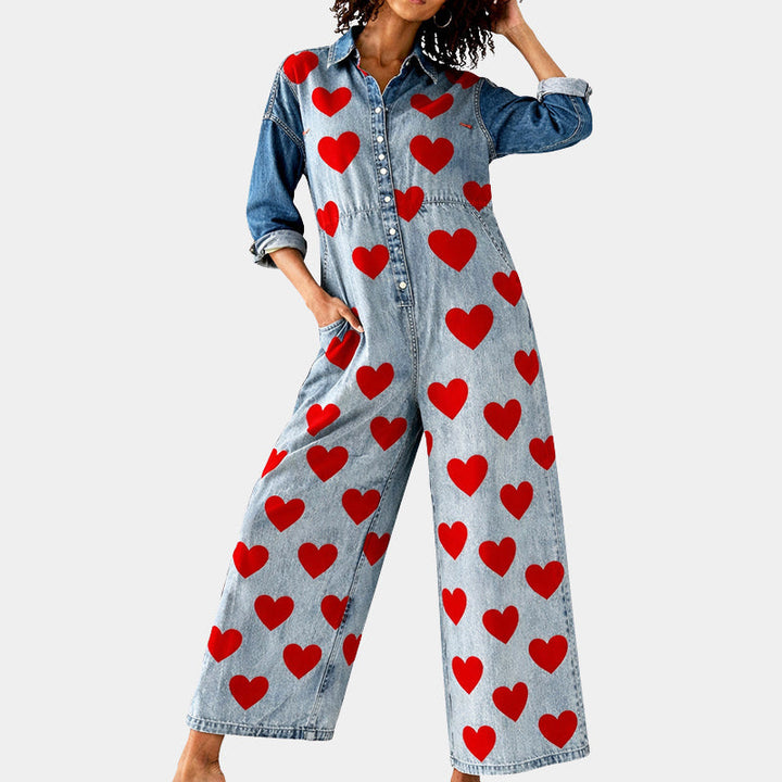 Clara Duval Heart Print Denim Jumpsuit
