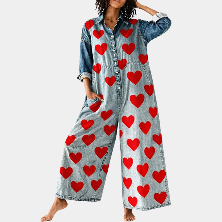 Clara Duval Heart Print Denim Jumpsuit